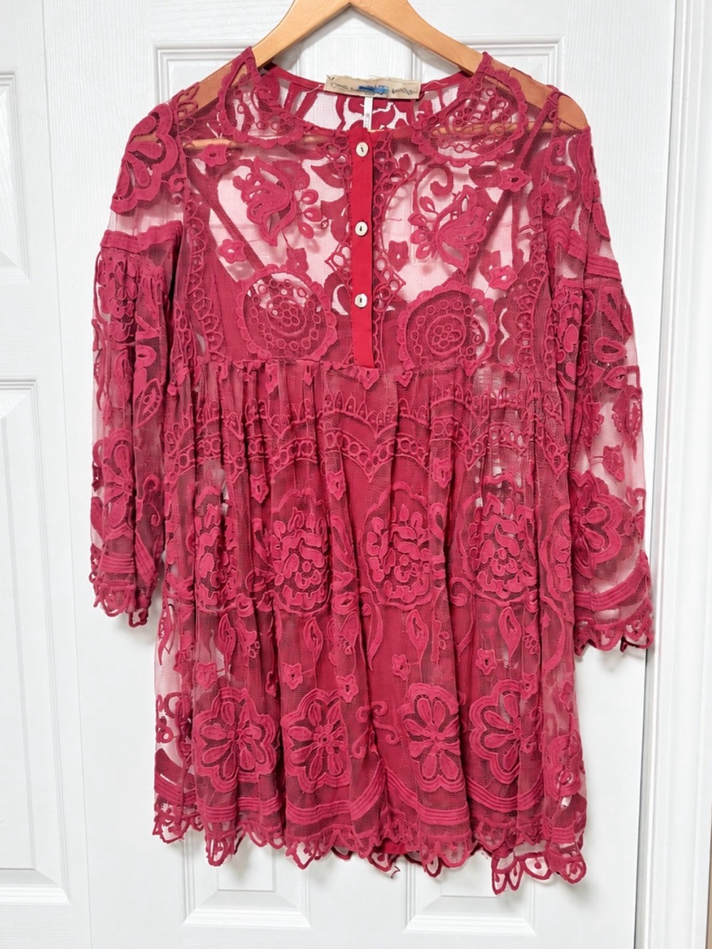 Jen’s Pirate Booty x Free People Red Embroidered Lace Babydoll Mini Dress XS